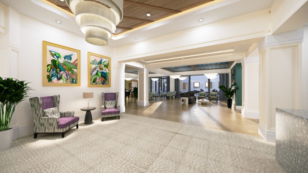 Interior image of the lobby, seating area, and community space with comfortable furniture and bright lighting.