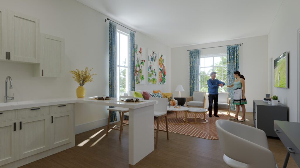 Interior image of a kitchen and living room rendering with an senior man and a young female nurse. Lots of bright sunlight and modern furniture.