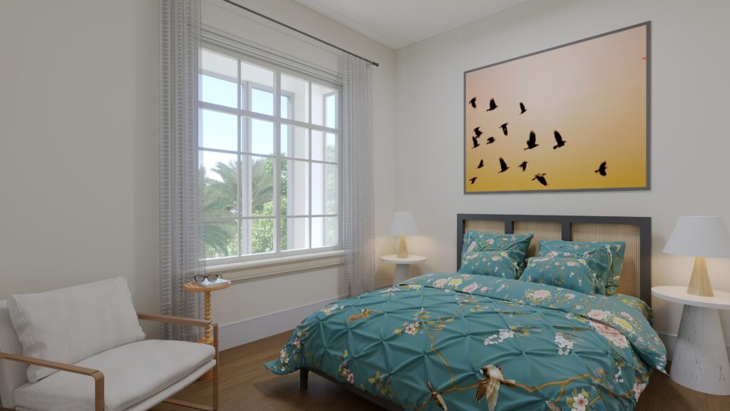 Interior image of a bedroom decorated with bright colors and comfortable finishes. Lots of light and modern style furniture.