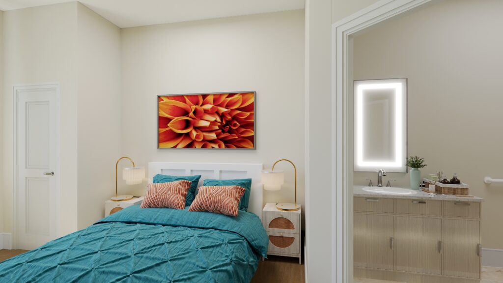 Interior image of a bedroom and bathroom decorated with bright colors and comfortable finishes.