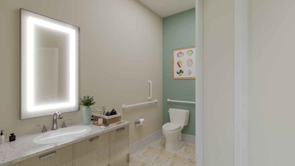 Interior image of a bathroom decorated with ocean decor.